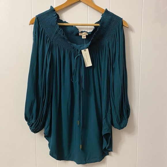 NEW Anthropologie Holding Horses Turquoise Rosario Off Shoulder Open Arm Blouse - Picture 4 of 11